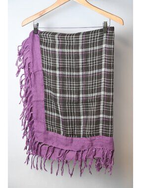 Gap Scarf Wrap Size Large Square Tartan Plaid Fringe Purple
